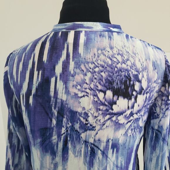 Chico's Tiered Layer Floral Asymmetric Hem 3/4 Sleeve High Low Blue White Tunic - Picture 11 of 13